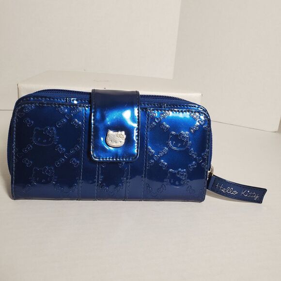 Hello Kitty 2011 Embossed Blue Wallet Clutch Purse –Metallic Patent Faux Leather - Picture 1 of 16